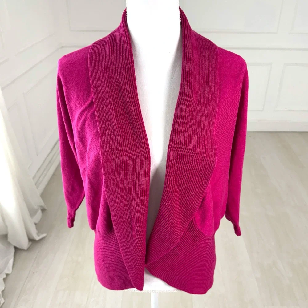 Lauren Ralph Lauren Cardigan Womens 1X Magenta Cotton‎ Ribbed Shawl Shawl Collar
